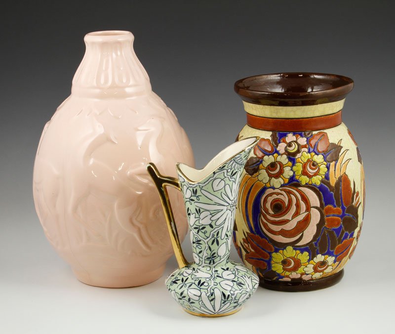 Lot of 3 Ceramic Vases: Lot of three ceramic vases, including one vase with incised floral pattern by Charles Catteau, one ceramic Art Nouveau ewer, c. 1910, by Charles Catteau, and one Boch Freres Art Deco vase, c. 1935, co