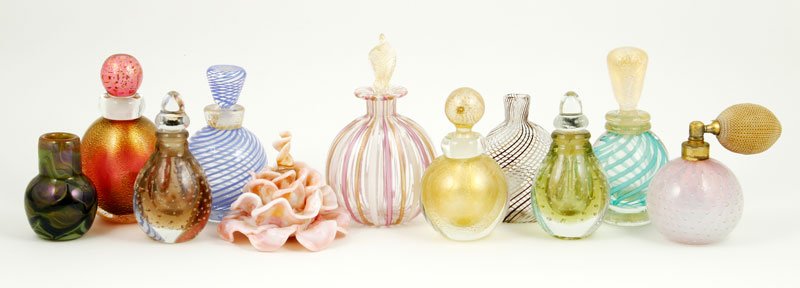 11 Murano Glass Perfumes: Group of eleven small Murano glass perfumes, atomizer and vases, various decorations, one with original label "Profumeria Anthea Arona", 5 1/2"h (tallest). Provenance: Collection of Robert Loy.