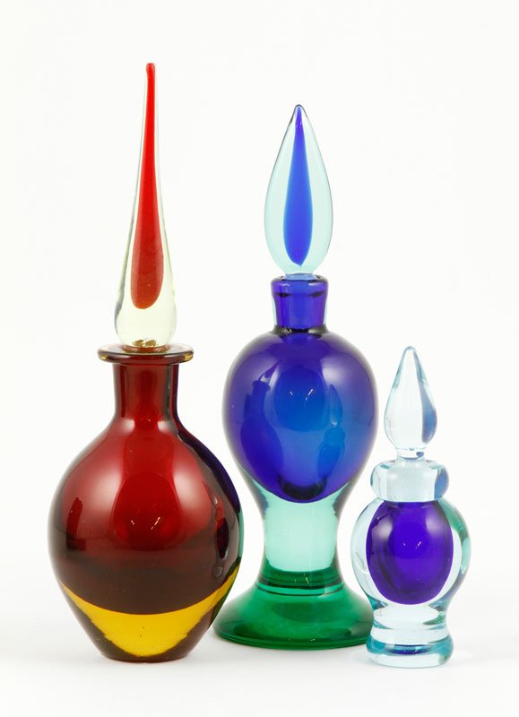3 Muranese Sommerso Perfumes: Group of three Muranese Sommerso perfumes, 5"h x 1 3/4"dia, 8 3/4"h x 2 3/4"dia, 9 3/4"h x 3"dia. Provenance: Collection of Robert Loy.