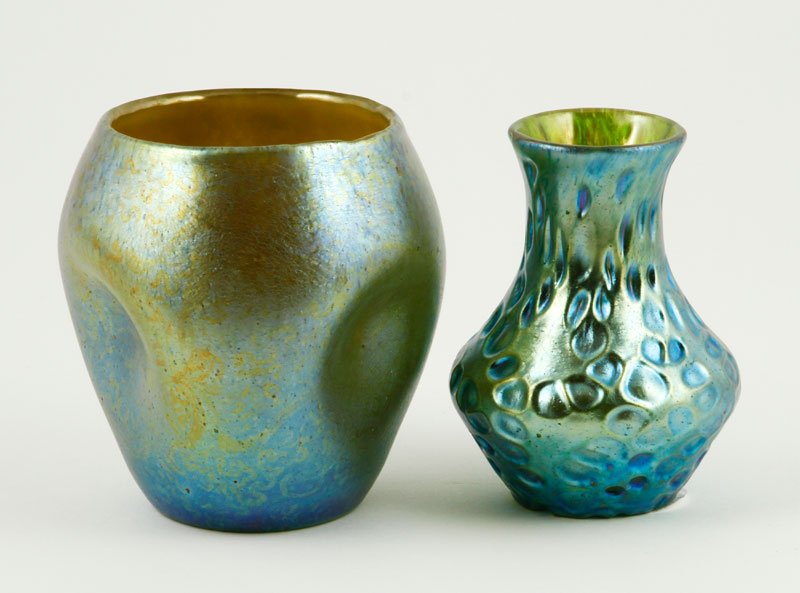 Lot of 2 Loetz Vases: Lot of two Loetz vases, unsigned, one Papillon, 4 1/8” h, one Diaspora 4” h. Provenance: From a Topsfield, MA collection.