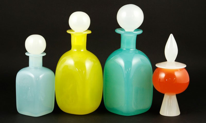 4 Muranese Perfume Bottles and Powder Box: Group of four Muranese perfume bottles and powder box in pastel shades of opalina glass with alabastro stopper top, circa 1950s, Seguso Verti d'Arte, 8 3/4"h x 3 1/4"w x 3 1/4", 6 1/2"h x 2 1/2"w x 2