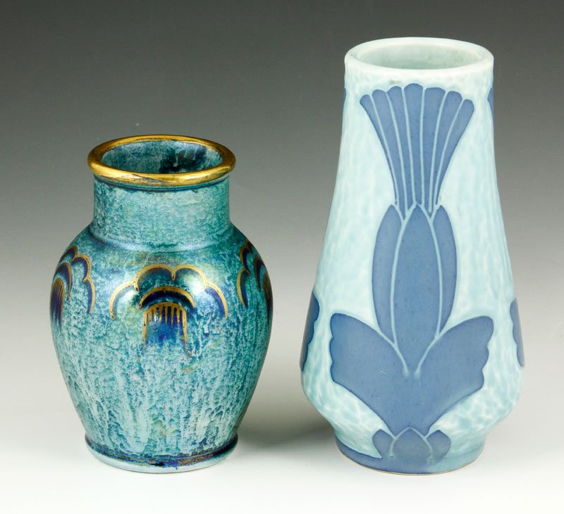 2 Gustavsberg Pots by Josef Ekberg: Two Gustavsberg pots by Josef Ekberg, Scandinavia, one 5 1/2" h with carved flower decoration, one 4" h with hand painted and gilt decoration, each marked and signed.