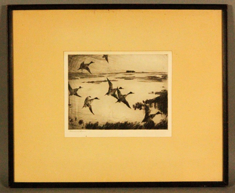 Benson, “Over Sunk Marsh,” Drypoint on Paper: Frank W. Benson (American 1862-1951), “Over Sunk Marsh,” 1920, signed in pencil lower left, drypoint on paper, matted and framed under glass, 6” x 7 3/4” (view), 14 1/4” x 17 1/4” (frame).