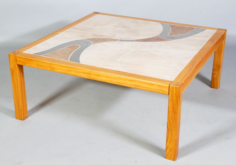 Haslev Danish Modern Coffee Table: Haslev, Danish Modern, title-top square coffee table with stainless steel detail, 16 1/2"h x 39 1/2"sq. Some scratches to wood edges, brass circular tag on underside.
