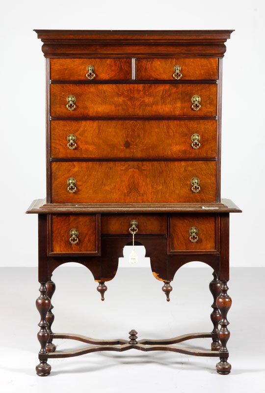 William and Mary Style Highboy: William and Mary style highboy, 65" h x 41" l x 17" d. Provenance: From a Beverly, MA collection.