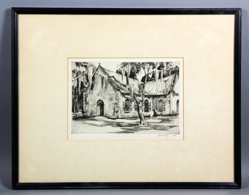 Hutty, "Old St. Andrews Episcopal Church," Etching: Alfred Hutty, "Old St. Andrews Episcopal Church" in Charleston, South Carolina, etching, signed lower right, 6 3/4" h x 9 1/2" w (image), 14 3/4" h x 18 1/2" w (frame). Provenance: From a Ventura, CA 