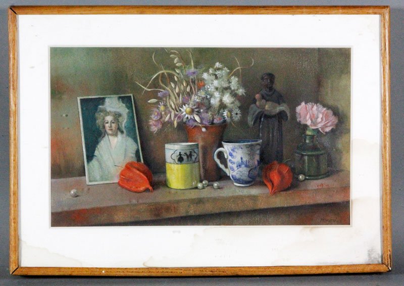 Menocal, "Shelf Objects", Pastel: Richard De Menocal (b.1919), "Shelf Objects", pastel and tempera on artist board, signed lower right, original Nantucket Gallery label "The Main St. Gallery of Nantucket", original price: $1250, circa