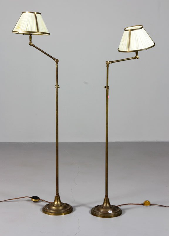 Pair Bronze Floor Lamps: Pair of fine early adjustable floor lamps, bronze, with silk shades, 58"h. Provenance: Fishers Island, NY estate.