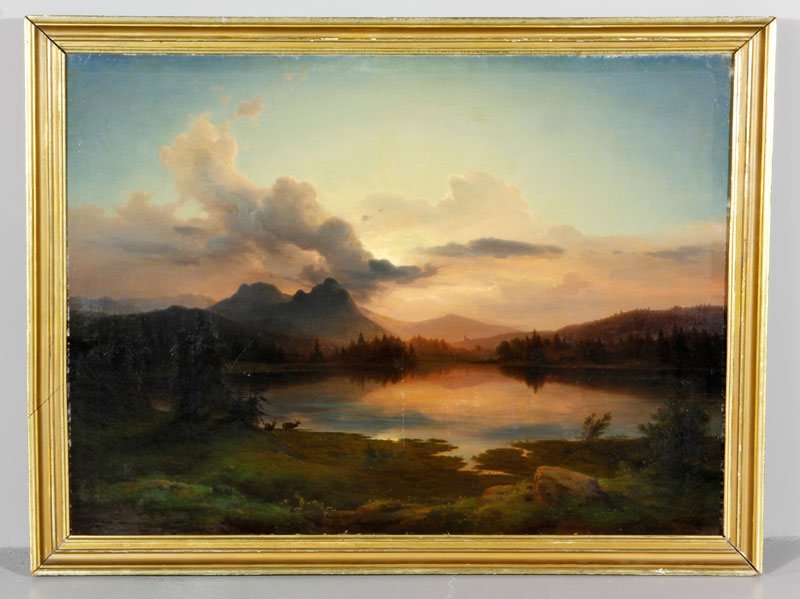 Lake in a Forest, O/C: 19th century, landscape of a lake in a forest with mountains in the distance, oil on canvas, signed Johann Felix Von Schiller, 30"h x 41"w (view), 34 1/2'h x 46 1/2"w (frame). Provenance: Encinitas, C