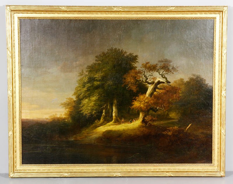"Eiche in Strum" (Oak Tree in Storm), O/C: "Eiche in Strum", large oak tree in a storm with figures below the tree, oil on canvas, signed Christian Friedrich Ezdorf, 37"h x 49 1/2"w (view), 44"h x 56"w (frame). Provenance: Encinitas, CA estate