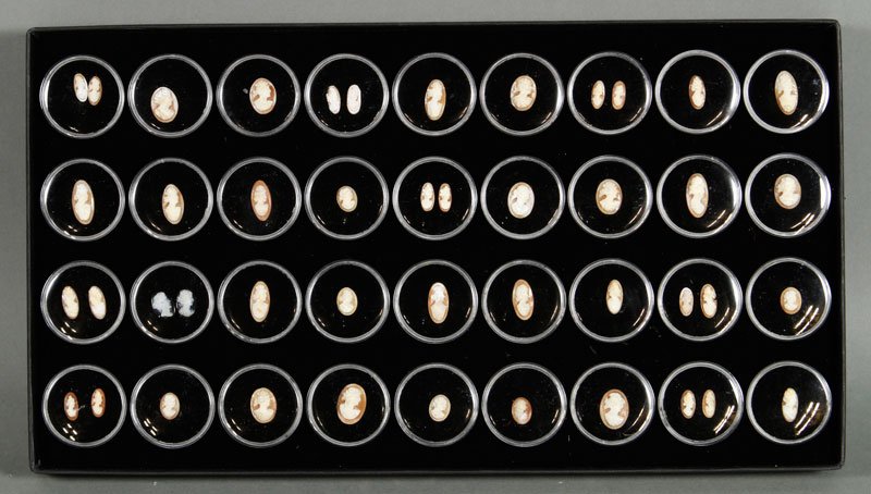 Lot of 35 Miniature Shell Cameos: Lot of 35 miniature shell cameos, dated to the 19th and 20th century. Provenance: From a Burlington, VT collection.