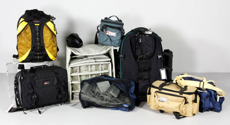 Collection of Camera Equipment: Collection of camera equipment, backpacks, bags, etc., eight in total, plus various pads/separators. Provenance: Beverly, MA estate.