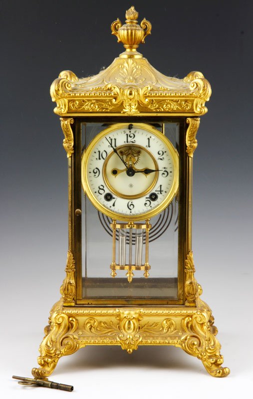 20th C. Ansonia Mantle Clock: 20th century, Ansonia mantle clock, gilt metal, glass sides, enamel dial, 16 1/2"h x 8 7/8"w x 7 1/2"d. Provenance: Lynn, MA estate.