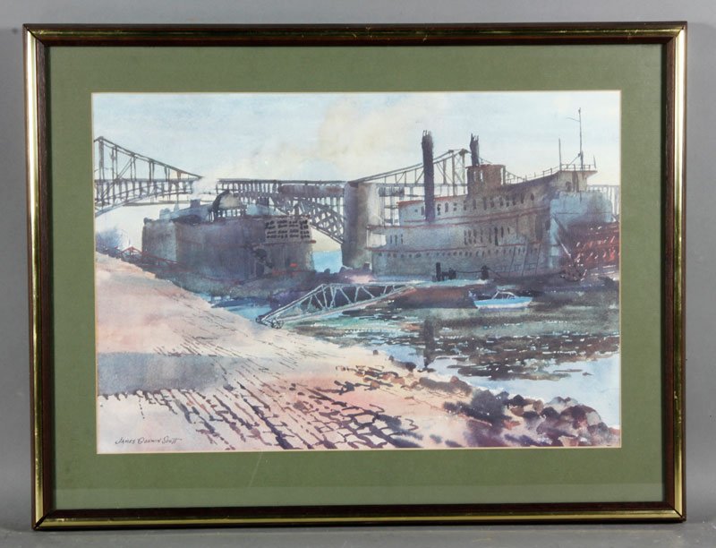 Scott, St. Louis Wterfront, W/C: James Godwin Scott, St. Louis riverfront with paddlewheeler and bridge in background, 13 3/4" x 14" (view), 19" x 25 1/2" (frame). Provenance: From a Murrieta, CA estate.