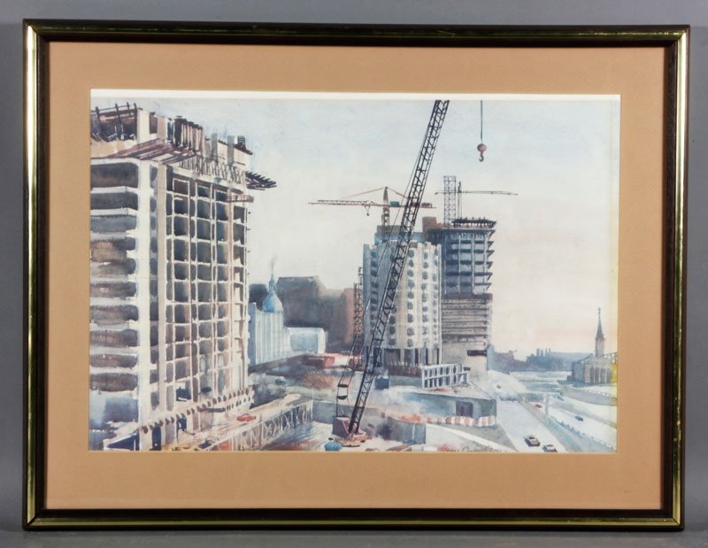 Scott, Construction in St. Louis, W/C: James Godwin Scott, construction in downtown St. Louis, watercolor, 23 1/2" x 19 1/2" (view), 19" x 25" (frame). Provenance: From a Murrieta, CA estate.
