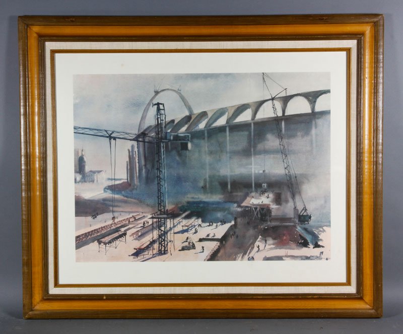 Scott, Busch Stadium and Gateway Arch Construction, W/C: James Godwin Scott, construction of the Busch Stadium and Gateway arch in St. Louis, 23 1/2" X 29 1/2" (view), 30 1/2" x 36 1/2" (frame). Provenance: From a Murrieta, CA estate.