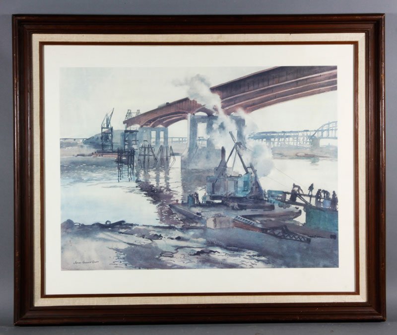 Scott, Construction on the Riverfront in St. Louis, W/C: James Godwin Scott, construction on the St. Louis river with a dredge and bridge in the background, 23 1/2" x 29 1/2" (view), 30 1/2" x 36 1/2" (frame). Provenance: From a Murrieta, CA estate.