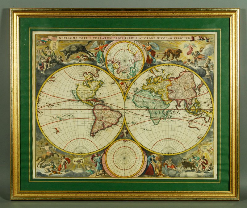 Engraved Map of the World: Map of the world, hand-colored and engraved, titled "Novissima totius Terrarun orbis Tabula, Auctore Niclao Visscheo", 17"h x 21 3/4"w (view), 22 1/2"h x 26 3/4"w (frame). Provenance: Fishers Island, 