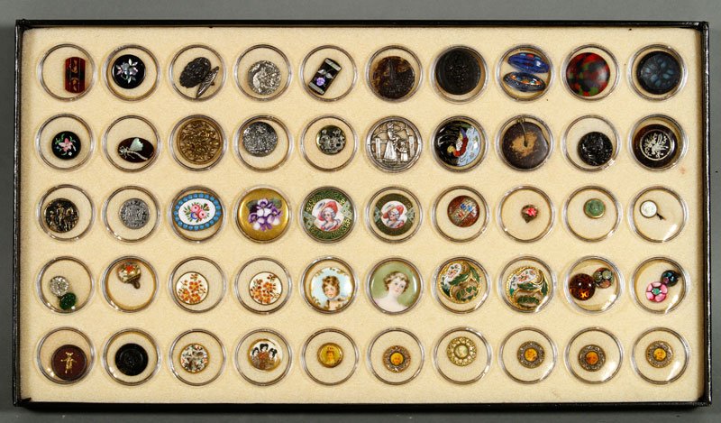 Lot of Assorted Buttons: Lot of assorted buttons, to include inlay, painted relief, crystal, glass, and porcelain, 55 total. Provenance: From a Burlington, VT collection.
