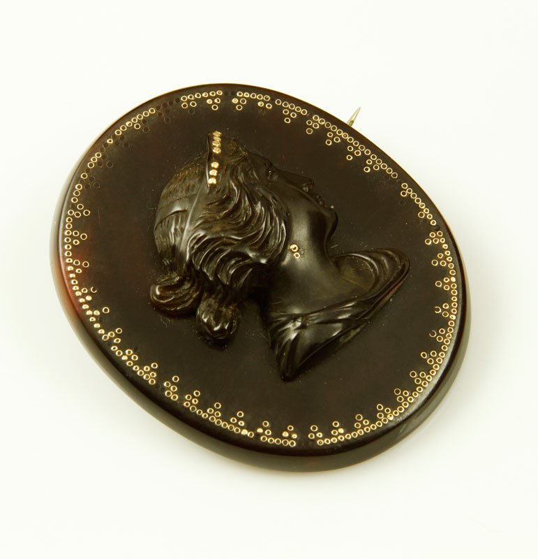 Victorian Pique Cameo: Victorian pique cameo, on tortoise shell, 2 1/4". Provenance: From a Burlington, VT collection.