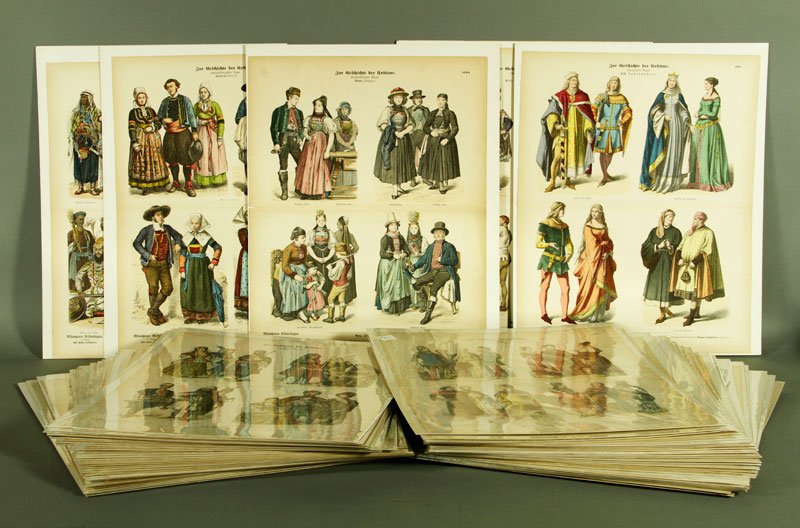 Vintage German Costume Prints: Lot of vintage German costume prints, approximately 65, circa mid 1800s, all 17"h x 13 1/2"w. Provenance: Property from the estate of Joseph Raymond of Chestnut Hill and Cape Cod, MA. Joseph was a ser