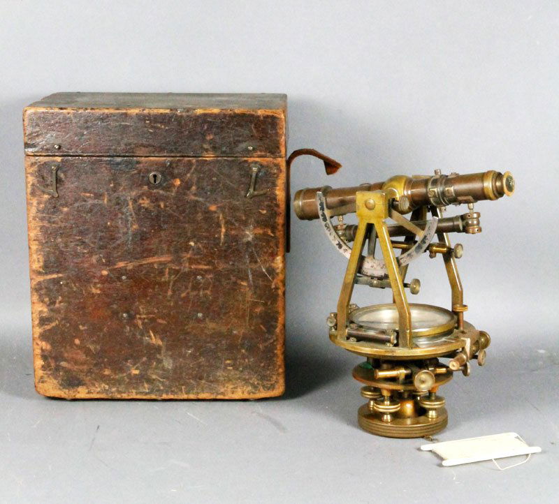 W. & L. E. Gurley Brass Theodolite: W. & L. E. Gurley, Troy New York, brass theodolite in wooden case, 12" x 10 1/2".