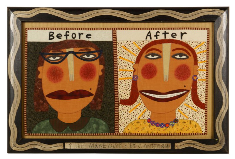 Roberts-Antieau, "The Make Over," Quilt: Chris Roberts-Antieau, "The Make Over," framed quilt, dated 2000 and signed on reverse, 20" h x 29" w including coordinating hand made frame. Property of Oprah Winfrey.
