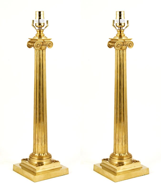 Pair of Vaughan Design Brass Lamp Bases: Pair of Vaughan Design lamp bases, brass, in the form of Ionic columns, 25" h x 6 1/4" square at base.Property of Bob Greene.