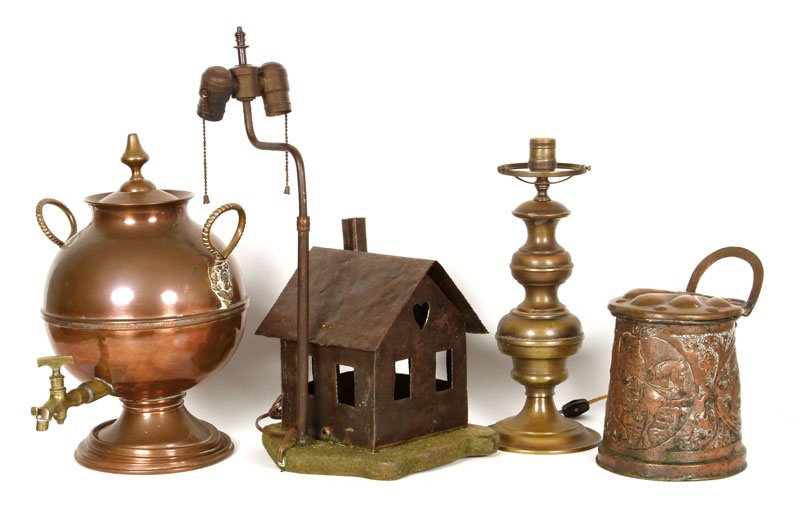 Mixed Metal Items: Four metal items, to include: two lamps, spouted kettle, and chased copper vessel, dated 1565, kettle 17â€ h. Property of Bob Greene.