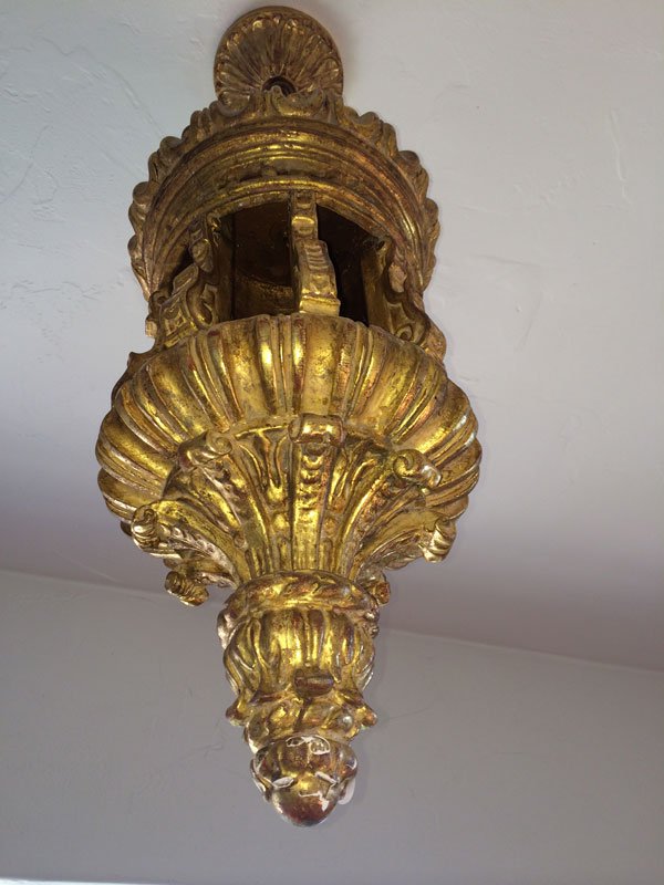 19th C. Carved Hanging Light Fixture: 19th Century hanging light fixture, carved gilt wood, 42" h overall x 14" dia. Property of Bob Greene.