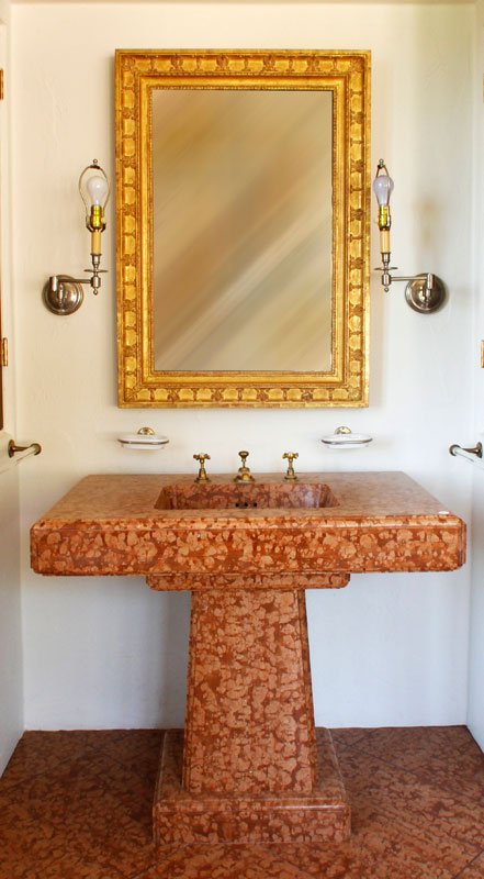 Marble Sink and Accessories: Marble sink with antique brass fixtures, soap dishes and towel racks 33" h x 40" w x 20" d. Property of Bob Greene. Please note: Pick-up and removal of items from La Quinta is the responsibility of th