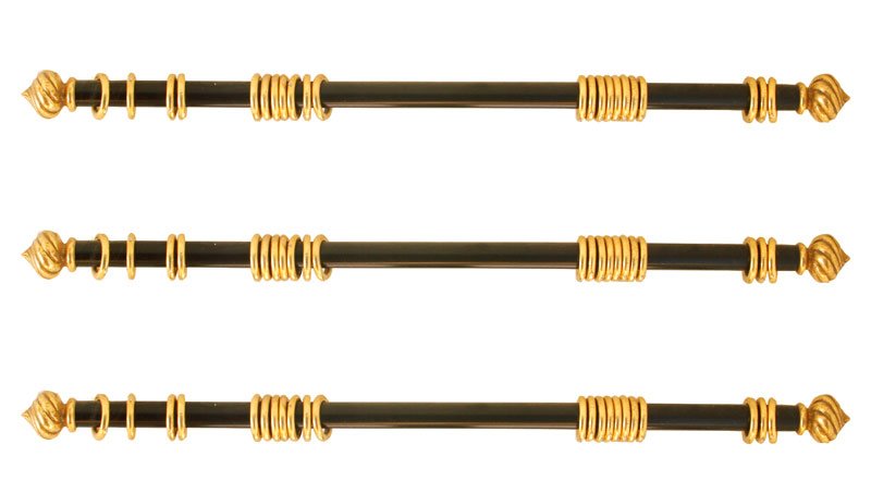 Lot of Three Gilt Curtain Rods: Three curtain rods with rings, carved gilt wood, two 68" l, one 53" l. Property of Bob Greene.