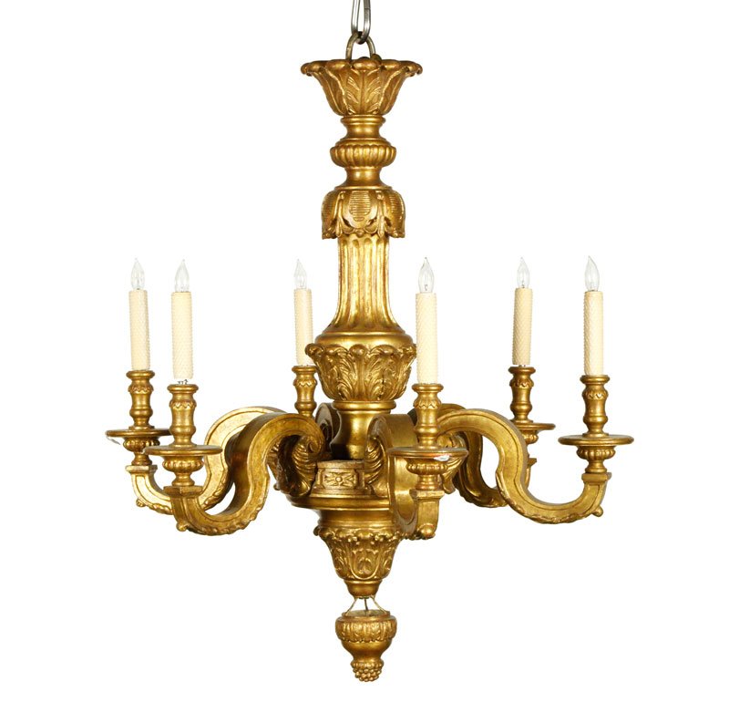 Gilt Wood Chandelier: Chandelier, gilt wood, 37" h x 31" dia. Property of Bob Greene.