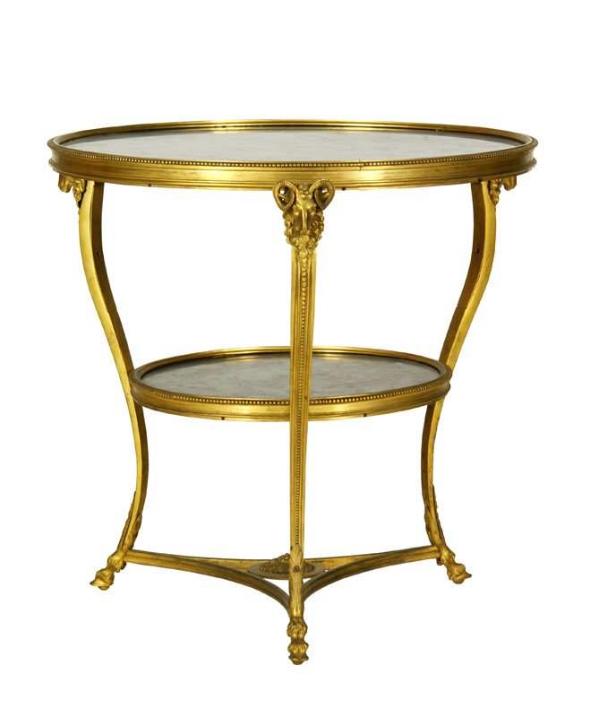 Late 19th C. French Bronze Table: Late 19th Century French table, bronze, with rams head figures, 27" h x 27" w. Property from various fine estates.
