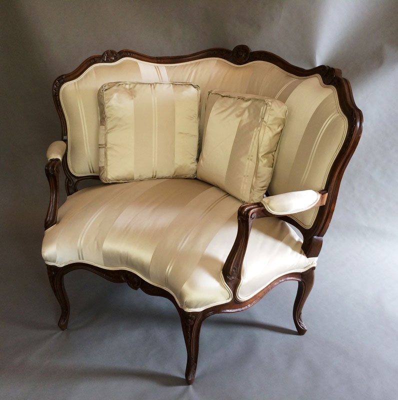 18th/19th C. French Upholstered Settee: 18th or 19th Century French carved and upholstered settee, 36" h x 44" w. Property from various fine estates.