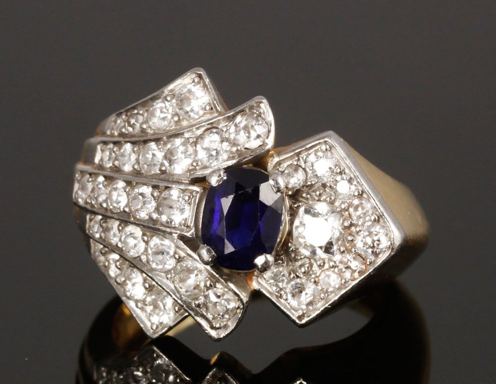 18K Diamond and Sapphire Ring: 18K yellow gold, diamond, and sapphire ring, size 3 1/2 (with sizing balls), approximately 0.3 oz / 5 DWT TW. Provenance: North Andover, MA estate.