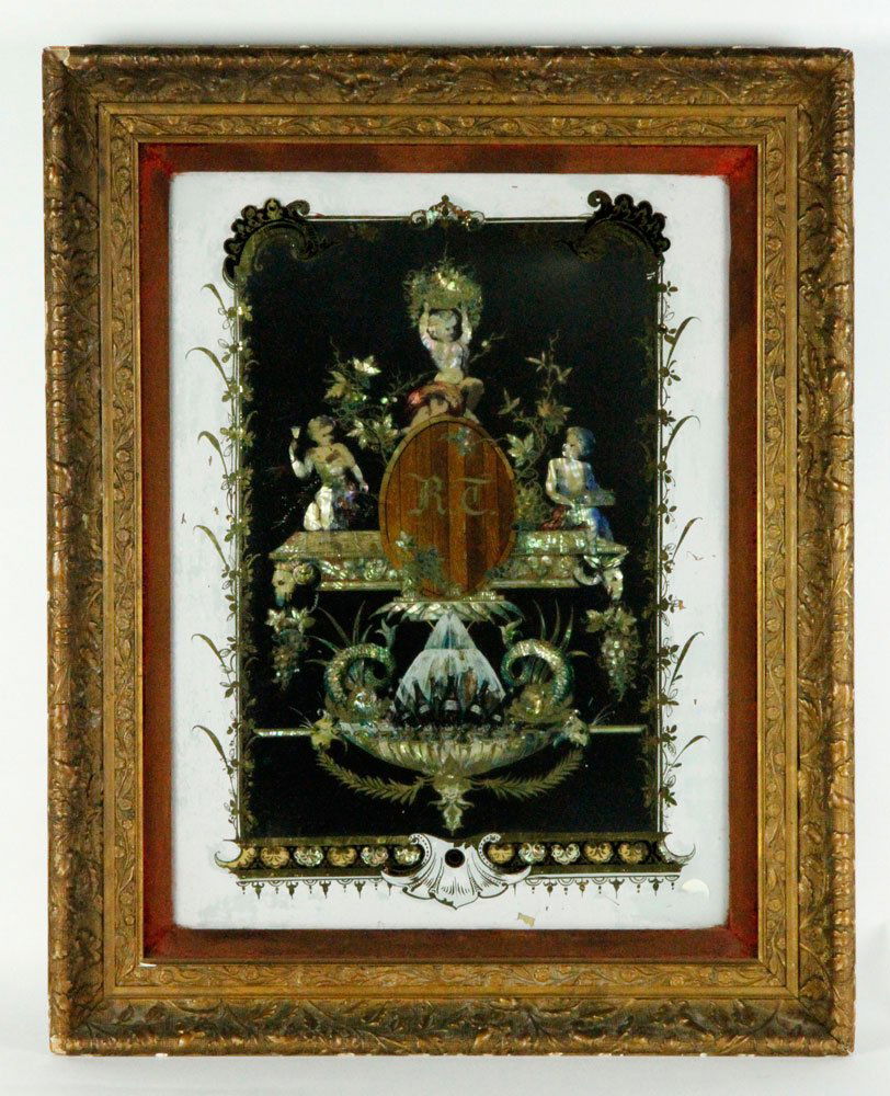 19th C. Chinese Reverse Painting on Glass: 19th century Chinese reverse painting on glass with mother-of-pearl, promotional item, 19 1/2"h x 14 1/4"w (view), 25 1/2"h x 20 1/2"w (frame). Provenance: Estate of Alexander Brook.