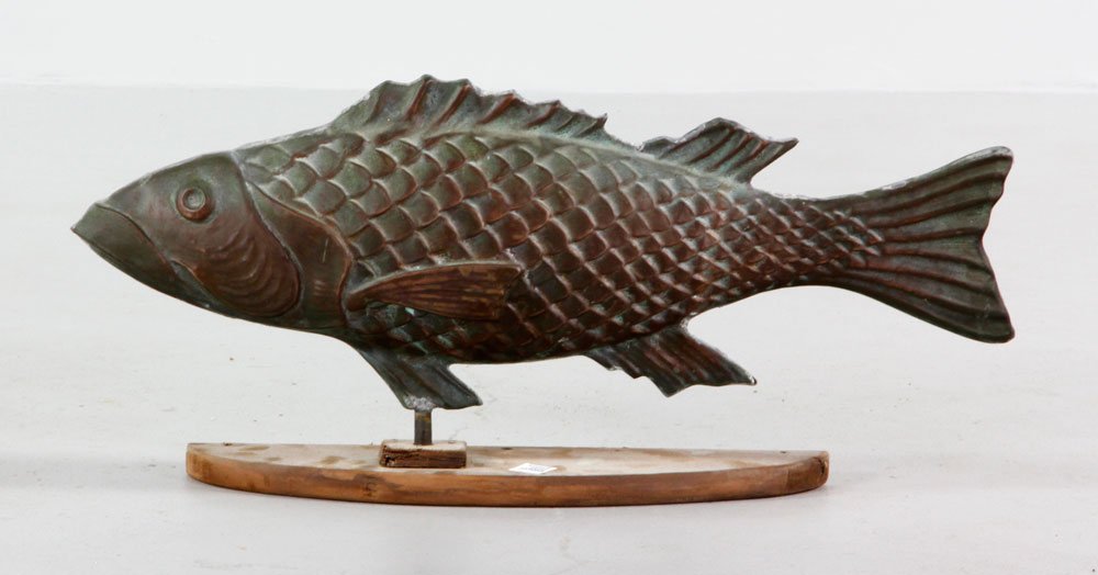 Copper Fish Weathervane: Late 19th/ early 20th century, fish weathervane, copper mounted on later wood base, 9 1/2"h x 27"l. Provenance: Estate of Alexander Brook.