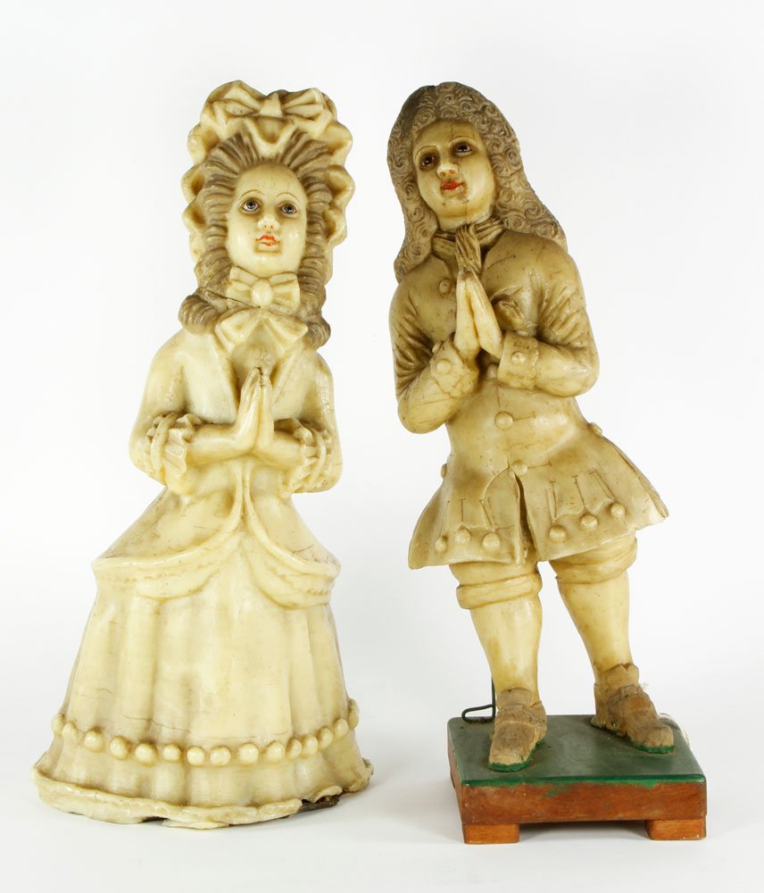 Pair 18th/19th C. Wax Figures: Pair of late 18th/ early 19th century wax figures of man and woman praying, 21"h. Provenance: Estate of Alexander Brook.