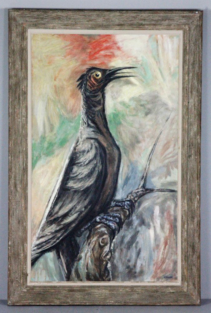 Brook, "Frightened Bird", O/C: Alexander Brook (American 1898-1980), "Frightened Bird", oil on canvas, signed lower right, 60"h x 36"w (view), 70"h x 48 1/2"w (frame). Provenance: Estate of Alexander Brook.