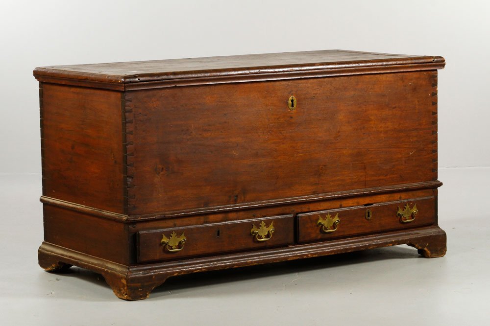 19th C. Lift Top Penn Blanket Chest: 19th century, lift top Pennsylvania blanket chest with two drawers below, Chippendale hardware, pegged and dovetail construction, 28 1/2"h x 53"w x 24 1/2"d. Provenance: Estate of Alexander Brook.
