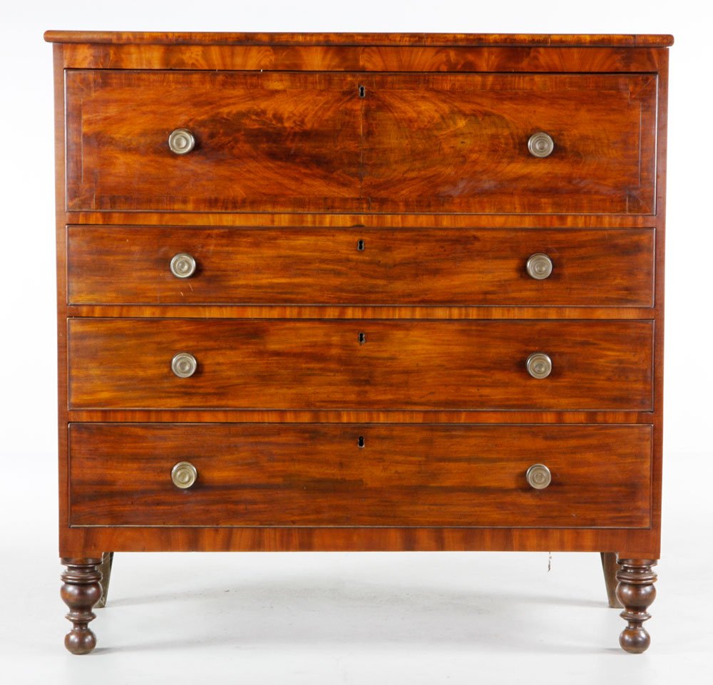 Late 18th/19th C. Figured Mahogany Chest: Late 18th/ early 19th four-drawer chest, figured mahogany, turned feet, original hardware, 47 1/2"h x 47"w x 21 1/2"d. Provenance: Estate of Alexander Brook.