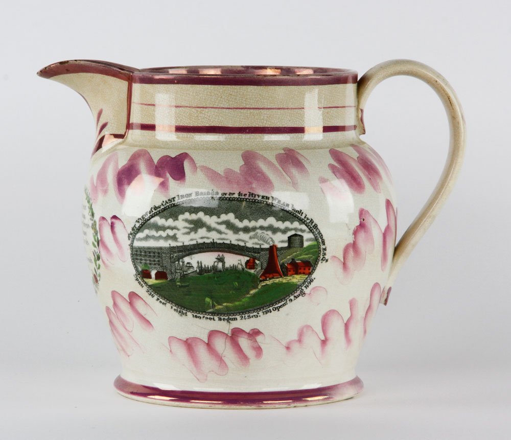 19th C. Pink Luster Sunderland Jug: Early 19th century Sunderland jug, pink luster decorated on three sides (sailors farewell), (view of cast iron bridge), (sailor's poem), 8 1/2"h. Provenance: Estate of Alexander Brook.