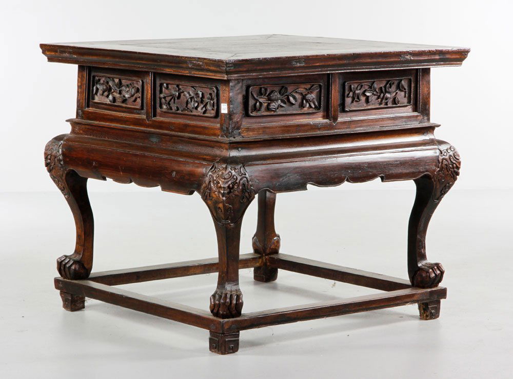 Chinese Carved Center Table: Chinese square center table, carved with lion paw feet, 33"h x 37"sq. Provenance: Estate of Alexander Brook.