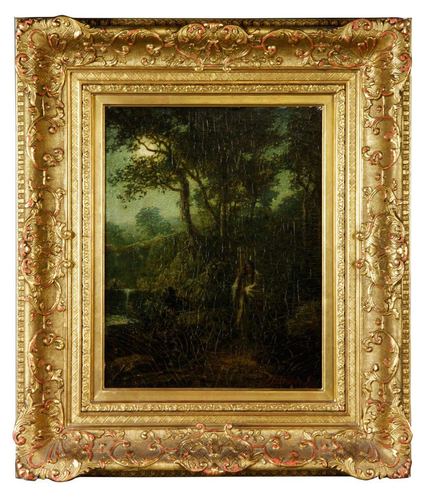 Blakelock, Moonlit Scene, O/B: Ralph Albert Blakelock (American 1847 - 1919), moonlit scene with Native American, oil on board, gilt frame, 17 1/2" x 13 1/2" (view), 28 1/4" x 24 1/4" (frame). Provenance: Beverly, MA estate.
