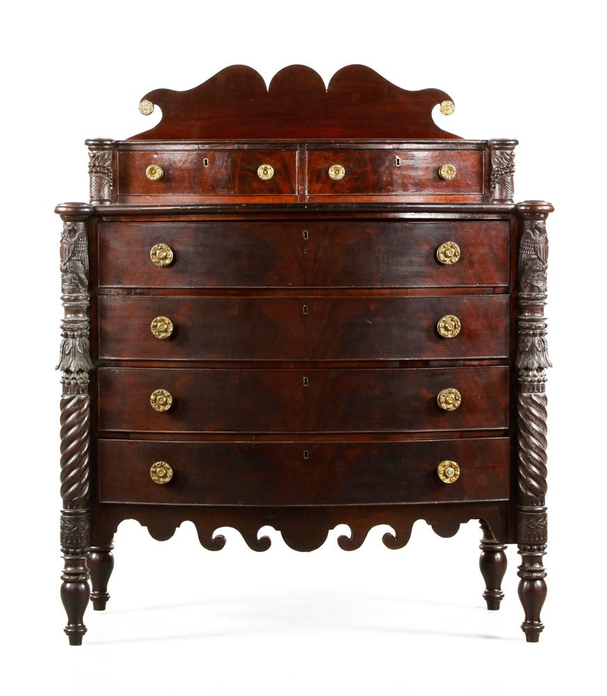 McIntyre Mahogany Salem Chest: Samuel Field McIntyre, Salem chest, mahogany, having rope turned columns and leaf carving with eagle, shield, and cornucopia basket posts, 55 1/2"h x 47 1/2"w x 26"d. Provenance: West Newbury, MA esta