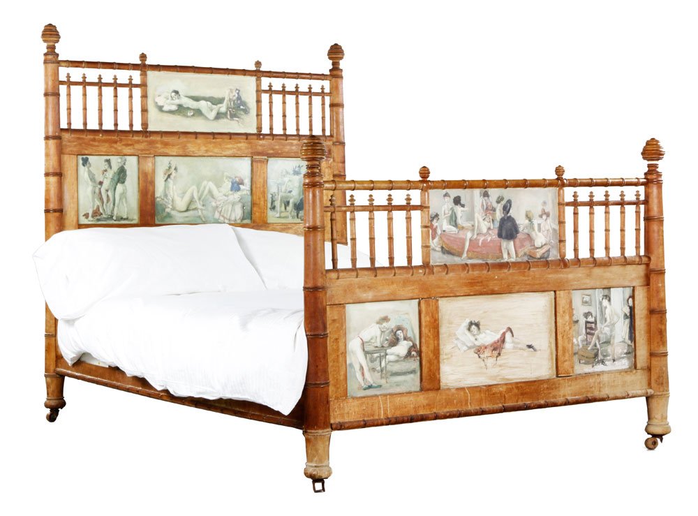Brook, Painted Brothel Bed: Alexander Brook (American 1898-1980), Brothel Bed, nine oil on panel paintings on foot and headboard of faux bamboo bed, creating his own bordello - an expose of thirty models in various stages of und