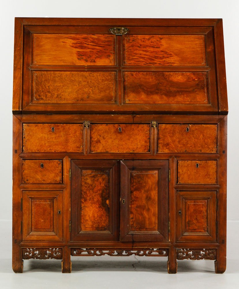 19th C. Chinese Drop Front Desk: 19th century, drop front desk with figured maple interior, cabinet bottom, carved apron, 48"h x 40"w x 21"d. Provenance: Estate of Alexander Brook.