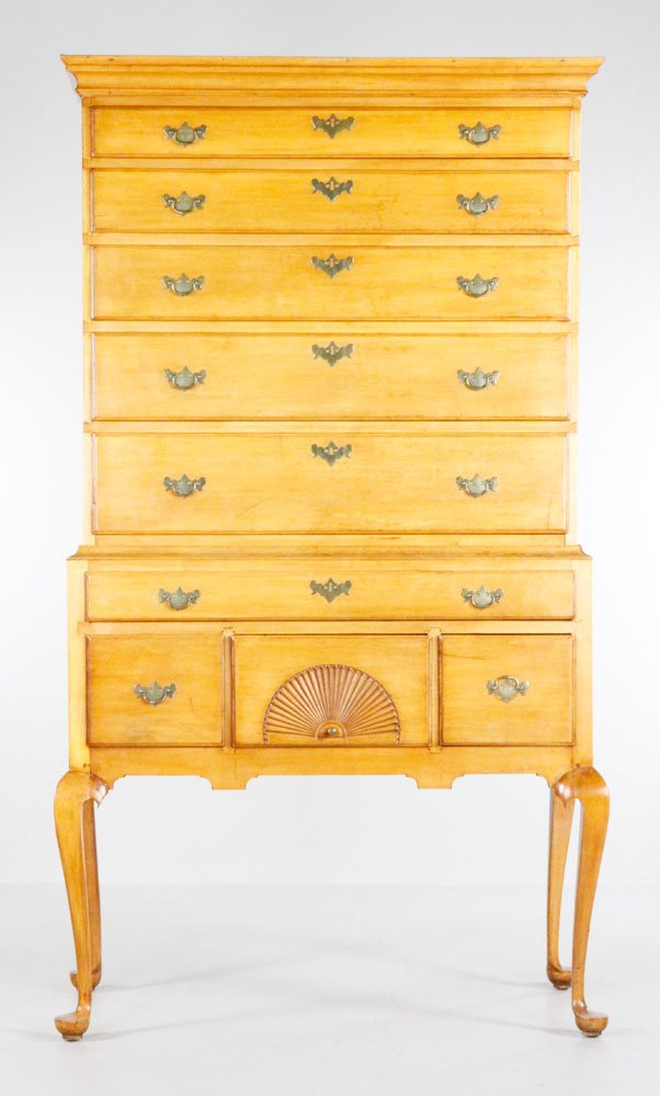 18th C. MA Queen Anne Maple Highboy: 18th century Massachusetts Queen Anne flat top highboy, maple, five drawers over four, lower drawer with fan carving, standing on cabriole legs with pad feet, with original brasses, 72”h x 39”w. P