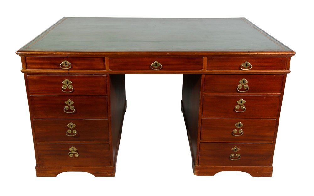 George III Mahogany Partners Desk: George III partners desk, mahogany with hand tooled leather top, circa 1800, 30 1/4"h x 57"w x 44 1/2"d.